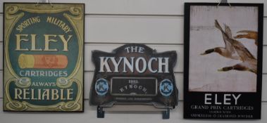 Three modern shotgun cartridge shop display or advertising boards The Kynoch, Sporting Military Eley