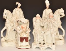 Staffordshire Toby taking snuff, pair of mounted Scottish riders and a Burns couple 'John
