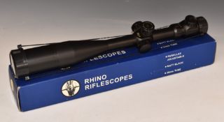Rhino 4-16x52 IR Side Ao Etch Mil-Dot Illuminated rifle scope with lens covers, in original box.