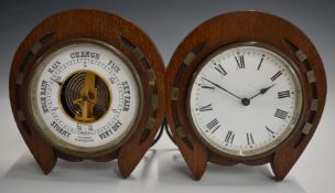 19th or early 20thC desk clock and barometer with horseshoe surrounds, W26cm