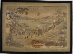 19thC Chinese watercolour on silk of a procession of grasshoppers, insects and frogs, 52 x 77cm