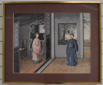 Large 19th/20thC Chinese watercolour of male and female figures, with script verso 'A Mandarin of