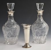 Pair of hallmarked silver mounted cut glass decanters, height 27cm and hallmarked silver vase