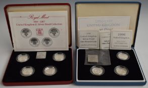 Royal Mint 1984-1987 UK Silver Proof £1 coin set in deluxe case, together with a part set of three