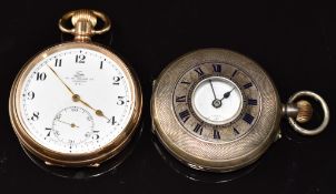 Two keyless winding pocket watches one Tree of London gold plated open faced with subsidiary seconds