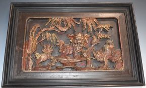 Chinese carved relief moulded plaque, 30 x 50cm