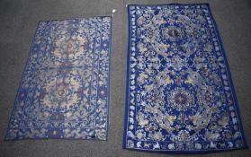 Two Chinese woven silk fabric panels decorated with dragons and auspicious symbols, 185 x 105cm