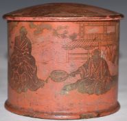 Chinese lacquer lidded pot with figural decoration, H7cm.
