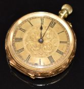 Unsigned 18ct gold keyless winding open faced pocket watch with blued hands, black Roman numerals,