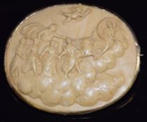 A c1900 yellow metal brooch set with a lava cameo depicting a chariot, cherub etc, 4.2 x 3.4cm