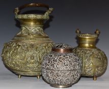 Three brass / silver plated vessels, with relief decoration, tallest 26cm