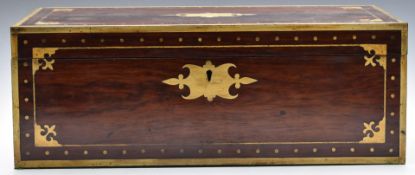 19thC rosewood brass bound campaign style writing slope with drawer to end, the fitted interior also