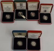 Six Royal Mint UK Silver Proof Piedfort £1 coins, various years 1983-1993, includes 1987 Falklands