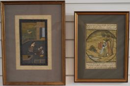 Two Persian watercolours comprising a female musician serenading a seated man and a couple in a