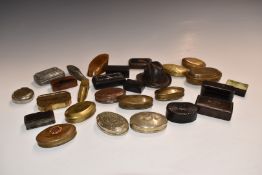 Collection of Georgian, Victorian and later snuff boxes including brass, lacquer, horn and pewter
