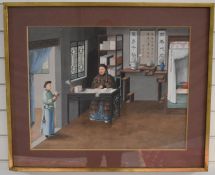 Large 19th/20thC Chinese watercolour of a seated scholar or srtist with servant script verso 'Pekin,