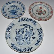 Two 19thC Chinese export plates, and a Delft plate, largest D28cm