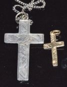 Silver cross pendant, Chester 1911 and 9ct gold cross pendant, 0.5g