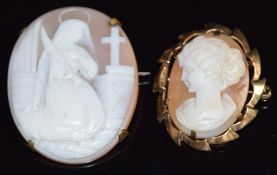 A 9ct gold brooch set with a cameo and Victorian cameo depicting a woman praying