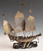 Chinese silver junk with cannon and figures on deck, on hardwood base, in large fitted box. Junk H31