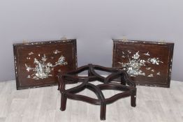 Chinese hardwood table base and two mother-of-pearl inlaid rosewood panels, 56 x 43cm