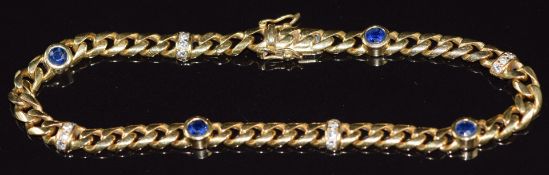 An 18ct gold curb link bracelet set with sapphires and diamonds, 20.5cm, 17.7g