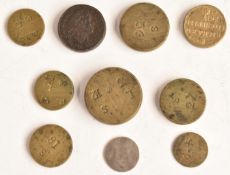 A collection of ten coin weights including 1746 Portugese 'piece of 36 shillings', a guinea