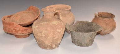 A collection of Roman redware pottery including a pedestal vessel, jug etc, found Ronda Malaga,