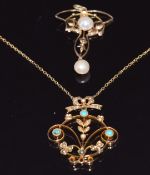 A 15ct and 18ct gold pendant set with seed pearls and turquoise, length 4cm, and a 9ct gold