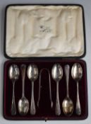 Edward VII cased set of hallmarked silver teaspoons and tongs, Sheffield 1909, maker Cooper Brothers