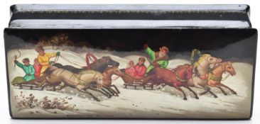 Russian lacquer box with two troikas in the snow, signed to lower edge, L15.5cm