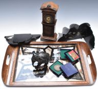 Butterfly wing tray, L52cm, miniature clock, lacquer book ends, horticultural medals etc