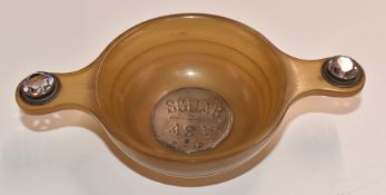 Scottish carved horn quaich set with a silver panel and amethysts