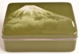 Japanese enamelled white metal covered box with Mount Fuji decoration, W13.5 x D11 x H5cm