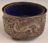 Wang Hing Chinese / Hong Kong silver jewellery container with fabric liner, double dragon, faux