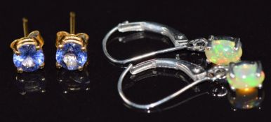 A pair of 9k white gold earrings set with opals (1.3g) and a pair of 9ct gold earrings set with