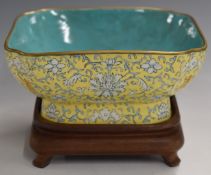 Chinese late 19th/20thC pedestal dish decorated with white enamelled chrysanthemums and auspicious