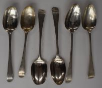Six Georgian Old English pattern hallmarked silver table spoons, including bright cut and Bateman