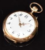 Unnamed 14ct gold keyless winding open faced pocket watch with gold hands, black Arabic numerals,