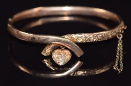 Edwardian 9ct rose gold bangle with heart drop and engraved decoration, 8g