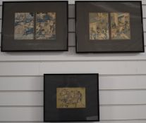 Five Japanese prints including including warriors in combat, in three frames, largest 18 x 13cm