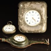 Three silver pocket watches including The Norfolk Lever in white metal fronted travel case.