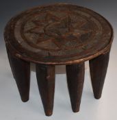 Nupe African tribal stool with carved geometric decoration (Nigeria), H27, diameter 41cm