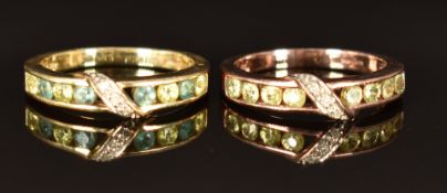 Two 9ct gold rings, one set with demantoid garnets and diamonds (size M, 2.4g) and the other