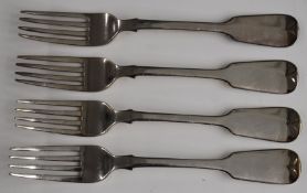 William IV set of four fiddle pattern hallmarked silver table forks, London 1834, maker John,