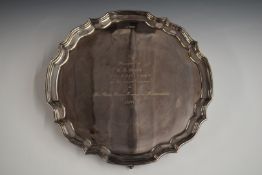 Elizabeth II hallmarked silver large salver with shaped edge, raised on three scroll feet, Sheffield