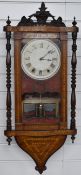 Late 19thC American wall clock with marquetry inlaid case, painted Roman dial and two train