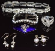 Victorian paste buckle, paste bracelet, silver snake ring, silver brooch set with enamel, silver and