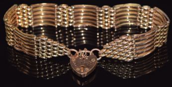 Edwardian 9ct rose gold gate bracelet with heart clasp, 10.9g