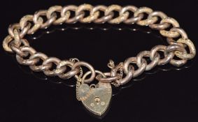 A 9ct rose gold bracelet with heart clasp and engraved links, 16.5g